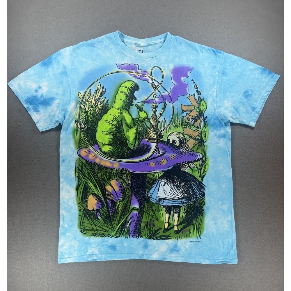 ALICE IN WONDERLAND Liquid Blue Hooka Smoking Caterpillar Tie Dye Shirt Mens L